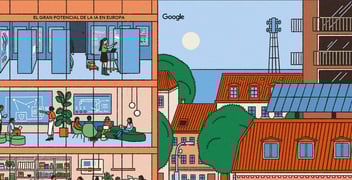 Illustration from Google’s report “The Great Potential of AI in Europe”, highlighting the positive social impact of artificial intelligence across healthcare, education, and sustainability.