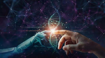 Representación de un Digital Twin: interacción entre mano humana y robótica con ADN digital, simbolizando la conexión entre mundo físico y virtual en la transformación digital empresarial.