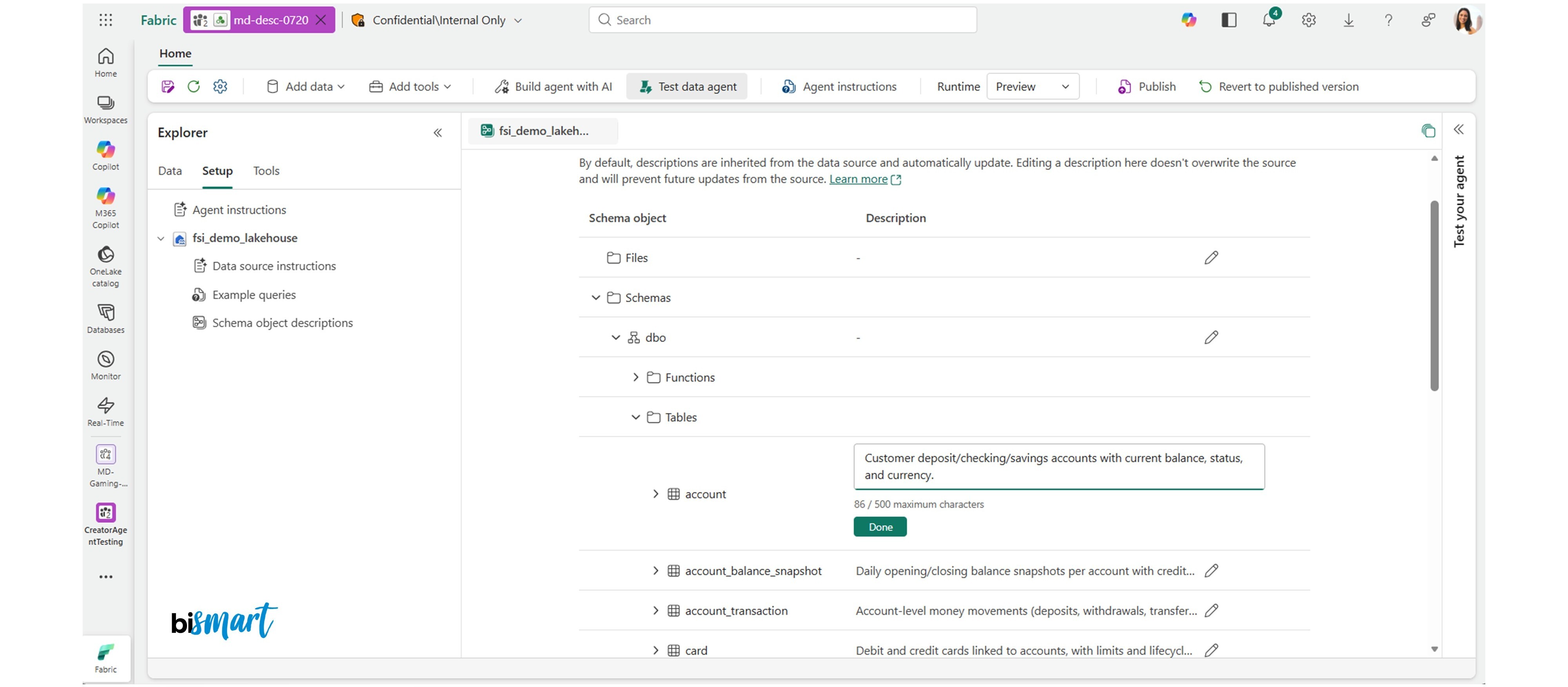 Microsoft Fabric Data Agents interface displaying the configuration of SQL schema object descriptions to provide business context for natural language queries.