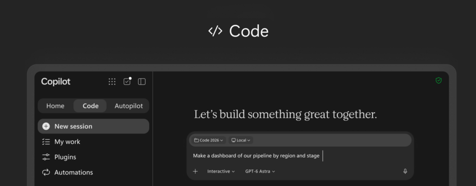 Code feature in the new Microsoft Copilot for creating dashboards, apps, and automations with AI