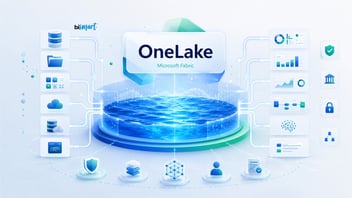 OneLake en Microsoft Fabric representado como un lago digital central conectado a fuentes de datos, dashboards, pipelines y herramientas de analítica empresarial.