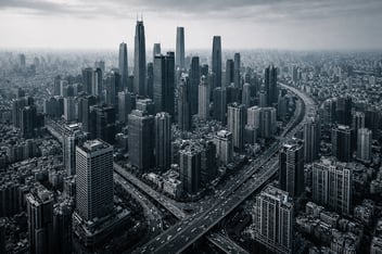 Vista aérea de una ciudad compleja como metáfora de la optimización de procesos empresariales end-to-end en grandes organizaciones.