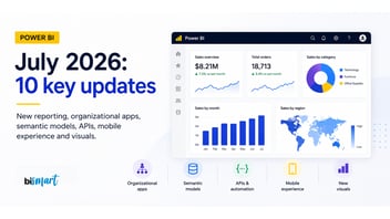 Featured image highlighting the latest Power BI updates for July 2026, including reporting, organizational apps, semantic models, APIs, the mobile experience, and new visuals.