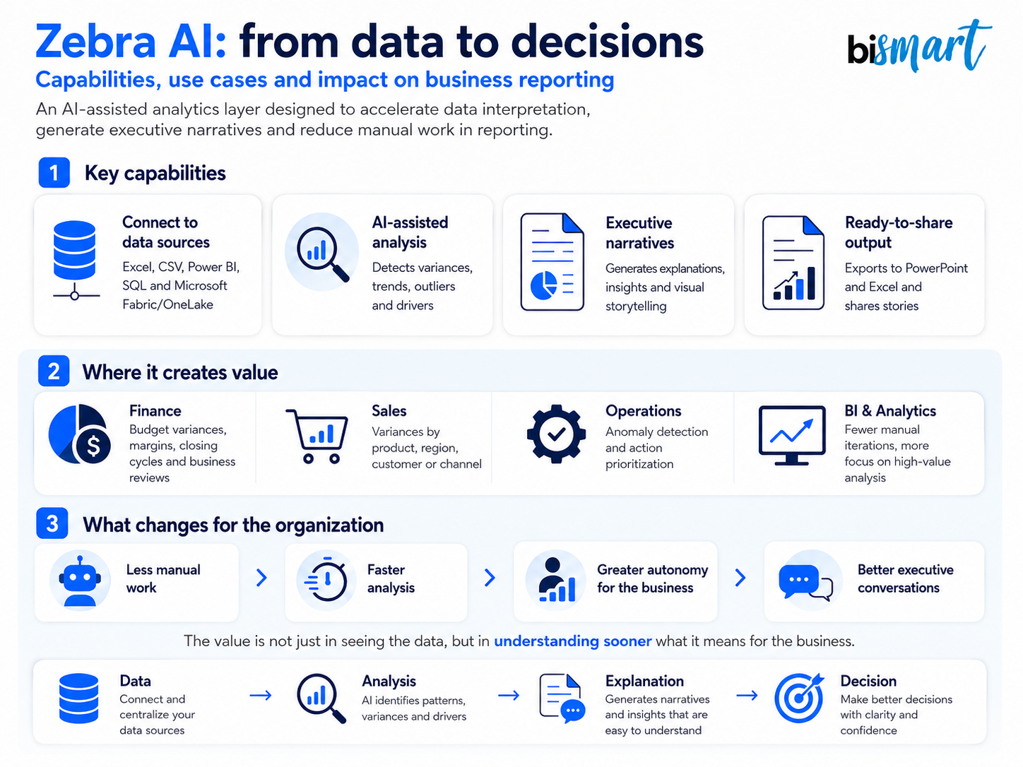 Zebra AI infographic showing AI-assisted business reporting, self-service BI and data-driven decision-making