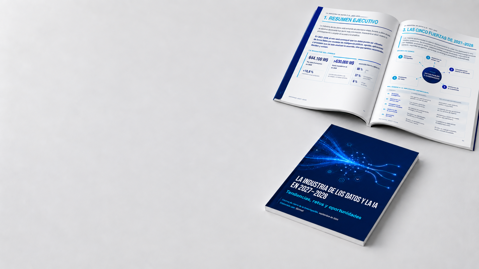 Portada y páginas interiores del informe La industria de los datos y la IA en 2027–2028